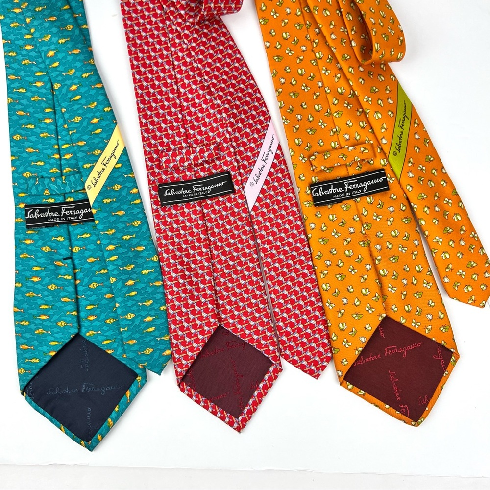 Salvatore Ferragamo Ties Bundle of THREE Made In Italy Silk Fish Butterfly Birds